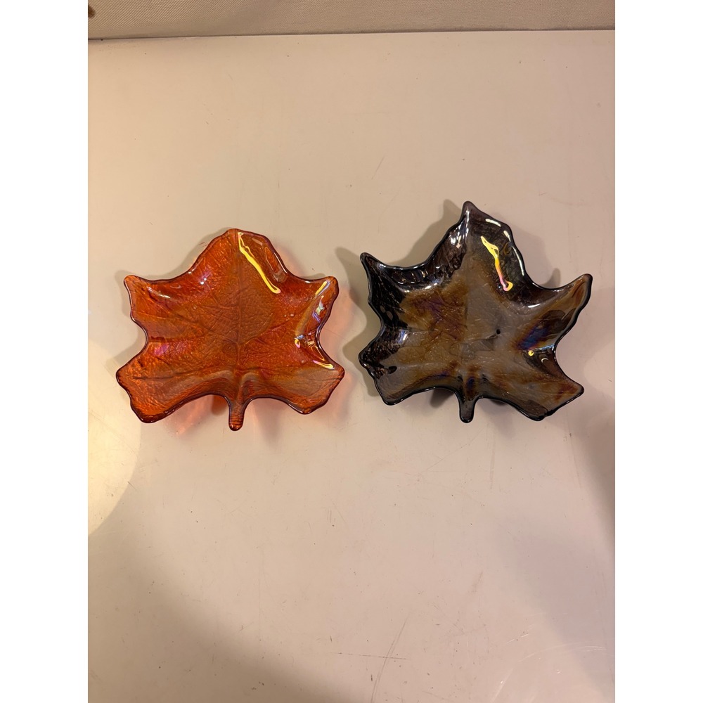 Set of 2 Iridescent Glass Maple Leaf Bowls Orange Brown Fall Autumn Decor 6.5"